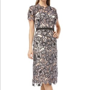 JS COLLECTIONS Black Nude Soutache Lela Floral Rose Lace Midi Size 10